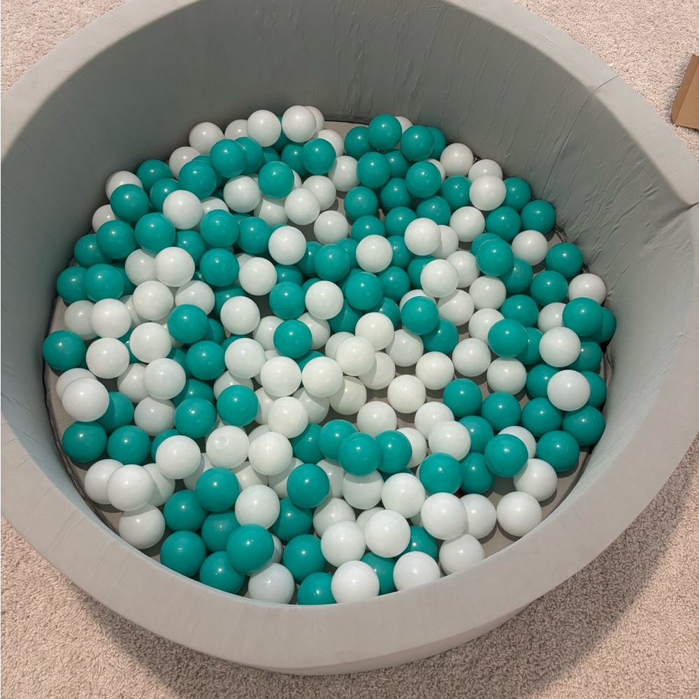 Gray Ball Pit with Teal and White Balls